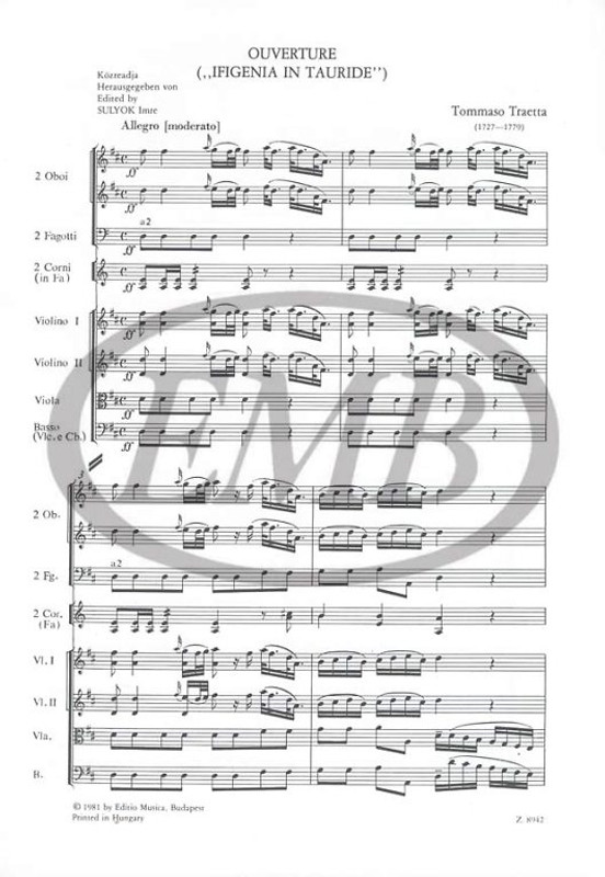 Traetta, Thommaso: Overture / Iphigenia in Tauride / Edited by Sulyok Imre / Editio Musica Budapest Zeneműkiadó / 1981 / Szerkesztette Sulyok Imre 
