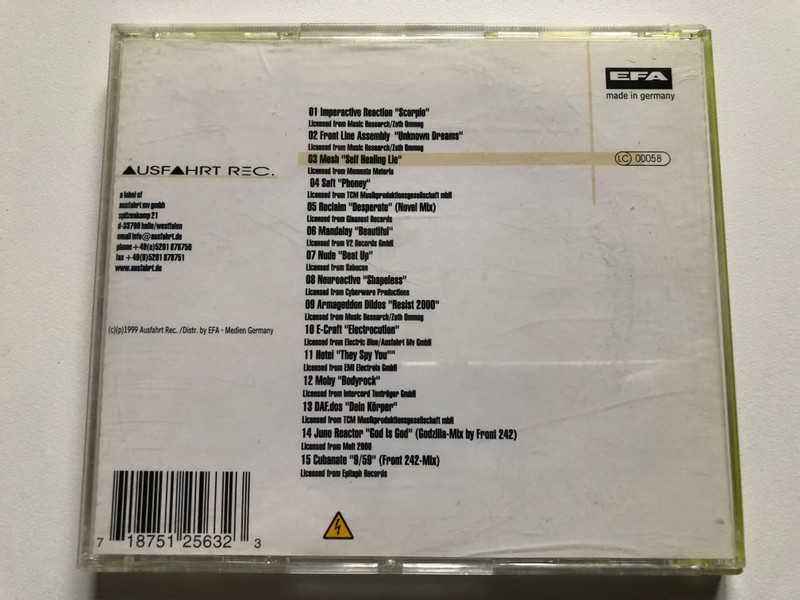 Electrocity Vol.12 / Armageddon Dildos; Mesh; Nude; Reclaim; Cubanate - 9:59 (Front 242 Mix); DAF/DOS; Front Line Assembly; Moby; Hotel; Mandalay; Imperative Reaction; Saft; Juno Reactor / Ausfahrt Audio CD 1999 / 12563-2