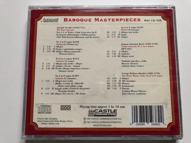Baroque Masterpieces - Including Vivaldi: The Four Seasons / Castle Communications Audio CD 1997 / MAC CD 938