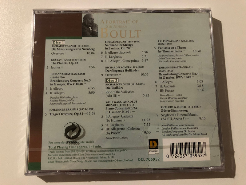 A Portrait Of Sir Adrian Boult / Tragic Overture; Piano Concerto No. 24; Die Walküre; Die Meistersinger von Nürnberg; Der fliegende Holländer / London Symphony Orchestra / Disky Classics 2x Audio CD 1999 / DCL 705952