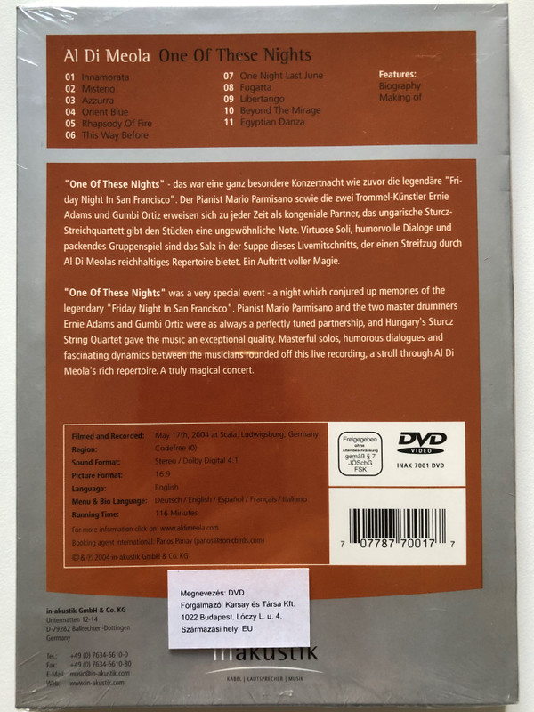  Al Di Meola Featuring: Ernie Adams - Gumbi Ortiz - Mario Parmisano - Sturcz String Quartet – One Of These Nights / In-Akustik DVD 2005 (707787700177)