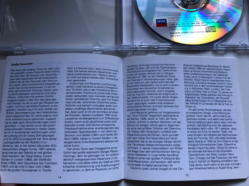 Nessun Dorma: 20 Great Tenor Arias - Pavarotti, Carerras, Domingo, Bergonzi, Aragall, Bjorling, Di Stefano, Kollo, Corelli, Del Monaco / London Records Audio CD 1998 Stereo / 458 215-2
