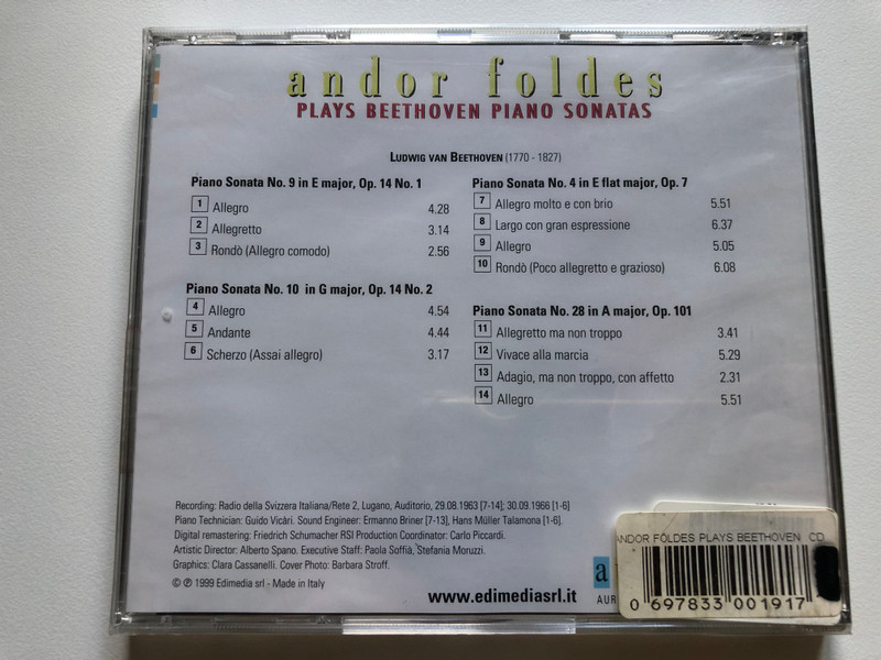 Andor Foldes Plays Beethoven - Piano Sonatas Op. 7, Op. 14 No. 1,2 - Op. 101 / Aura Music Audio CD 1999 / AUR 191-2 ADD (0697833001917)