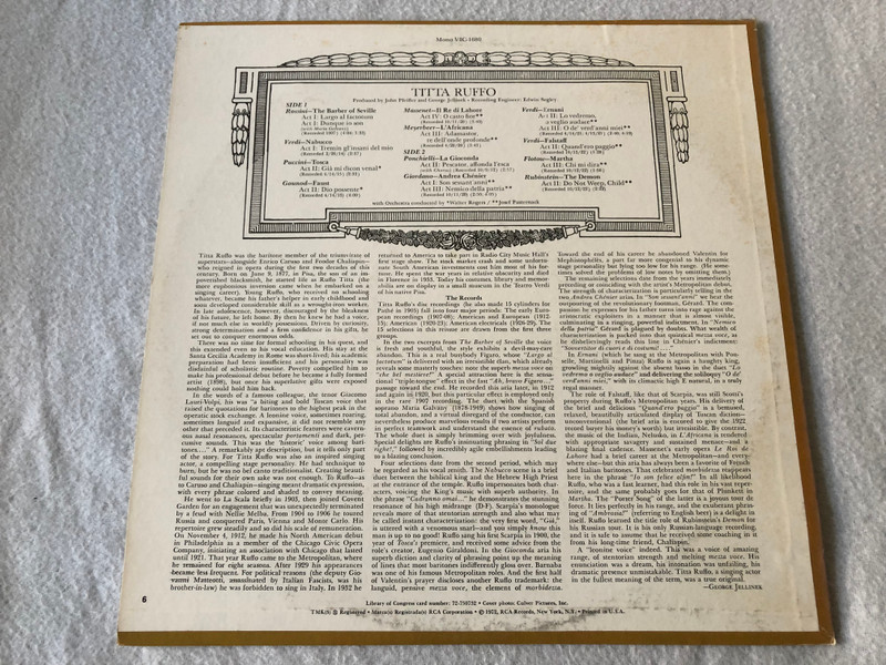 Titta Ruffo - Arias  RCA Victrola  1972 LP VINYL VIC-1680