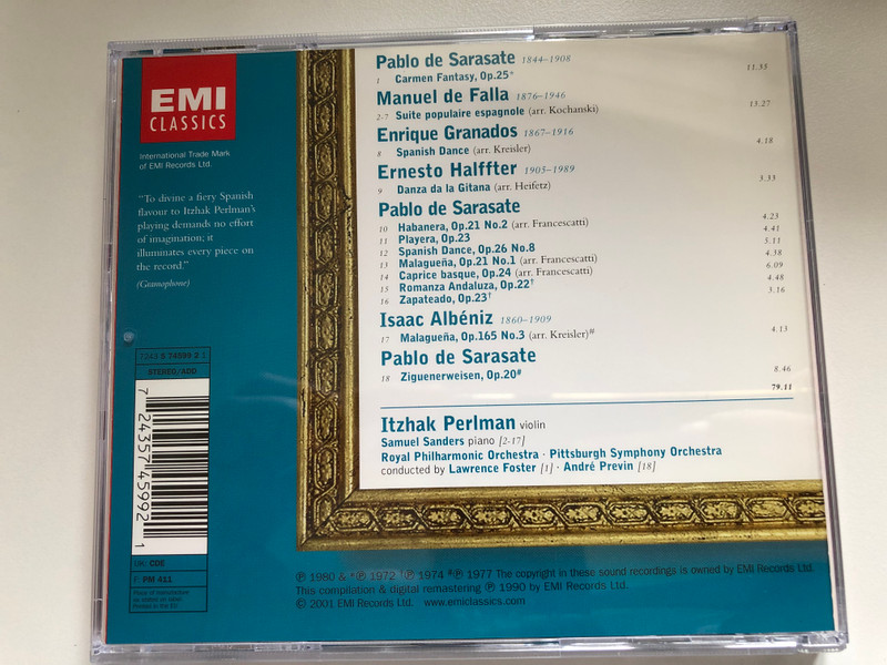 Itzhak Perlman – Virtuoso Violin / Samuel Sanders, Royal Philharmonic Orchestra, Pittsburgh Symphony Orchestra, Lawrence Foster, André Previn / Encore / EMI Classics Audio CD 2001 Stereo / 724357459921