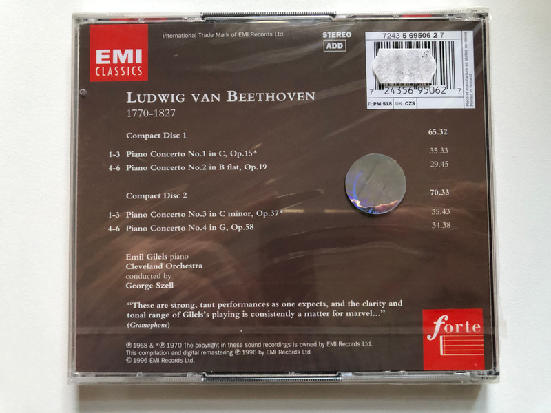 Beethoven - Piano Concertos Nos.1-4 - Emil Gilels, George Szell / Forte / EMI Classics 2x Audio CD 1996 / 724356950627