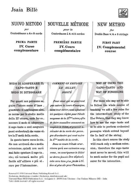 Billé, Isaia: NUOVO METODO PER CONTRABBASSO A 4 E 5 CORDE / PARTE I: IV. CORSO COMPLEMENTARE / Ricordi 