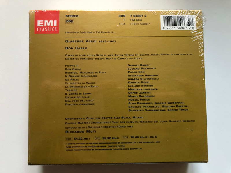 Verdi: Don Carlo - Riccardo Muti, Luciano Pavarotti, Samuel Ramey, Daniela Dessì, Paolo Coni, Luciana D'Intino, Alexander Anisimov / Orchestra e coro del Teatro alla Scala / EMI Classics 3x Audio CD 1994, Stereo, Box Set / CDS 7 54867 2