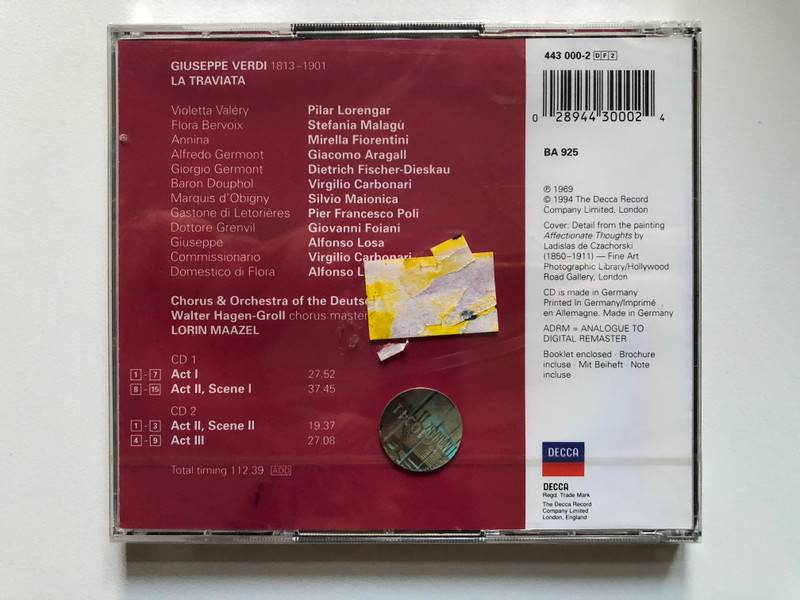 Verdi: La Traviata - Lorengar, Aragall, Fischer-Dieskau, Deutschen Oper Berlin, Lorin Maazel / Decca 2x Audio CD 1994 / 443 000-2
