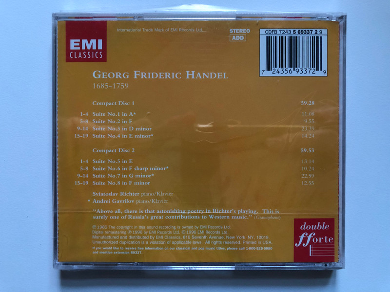 Handel - Keyboard Suites I - Andrei Gavrilov, Sviatoslav Richter / EMI Classics 2x Audio CD 1996 Stereo / 724356933729