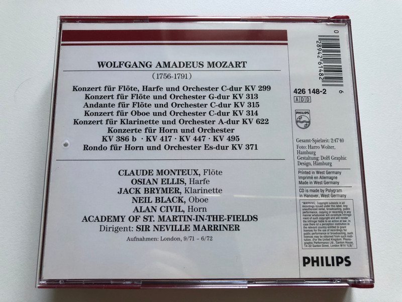 Mozart – Bläserkonzerte / Neil Black, Jack Brymer, Alan Civil, Osian Ellis, Claude Monteux, Academy Of St. Martin-in-the-Fields, Sir Neville Marriner / Philips 3x Audio CD / 426 148-2