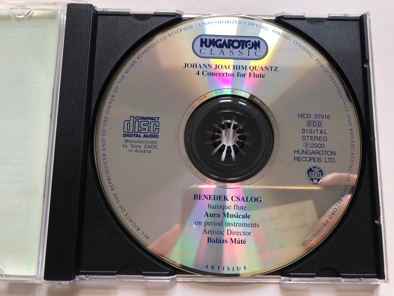 Johann Joachim Quantz - 4 Concertos For Flute / Benedek Csalog (baroque flute), Aura Musicale on period instruments, Artistic Director Balazs Mate / Hungaroton Classic Audio CD 2000 Stereo / HCD 31916