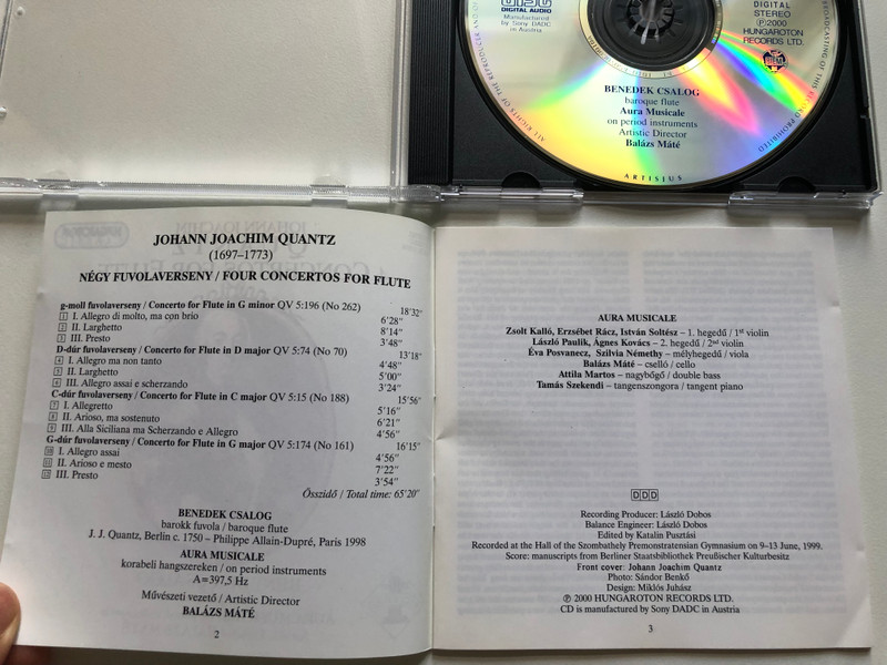 Johann Joachim Quantz - 4 Concertos For Flute / Benedek Csalog (baroque flute), Aura Musicale on period instruments, Artistic Director Balazs Mate / Hungaroton Classic Audio CD 2000 Stereo / HCD 31916