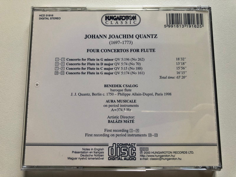 Johann Joachim Quantz - 4 Concertos For Flute / Benedek Csalog (baroque flute), Aura Musicale on period instruments, Artistic Director Balazs Mate / Hungaroton Classic Audio CD 2000 Stereo / HCD 31916