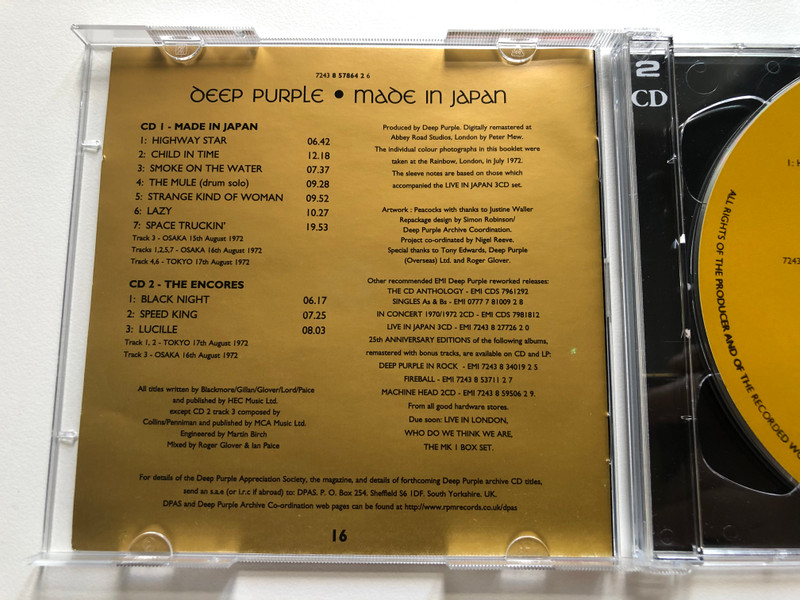 Deep Purple – Made In Japan (The Remastered Edition) / EMI 2x Audio CD 1998 Stereo / 724385786426