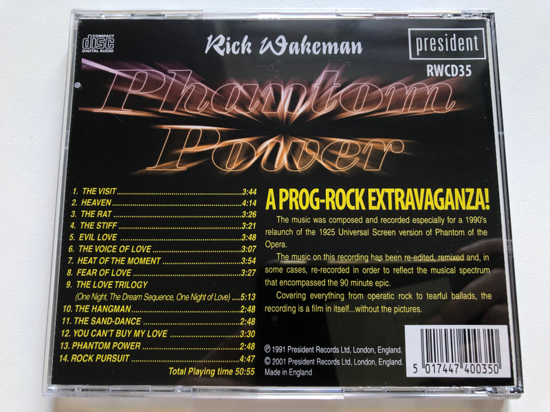 Phantom Power - Rick Wakeman / Featuring vocals by Chrissie Hammond, Ramon Remedios, Ashley Holt / President Records Audio CD 2001 / RWCD 35