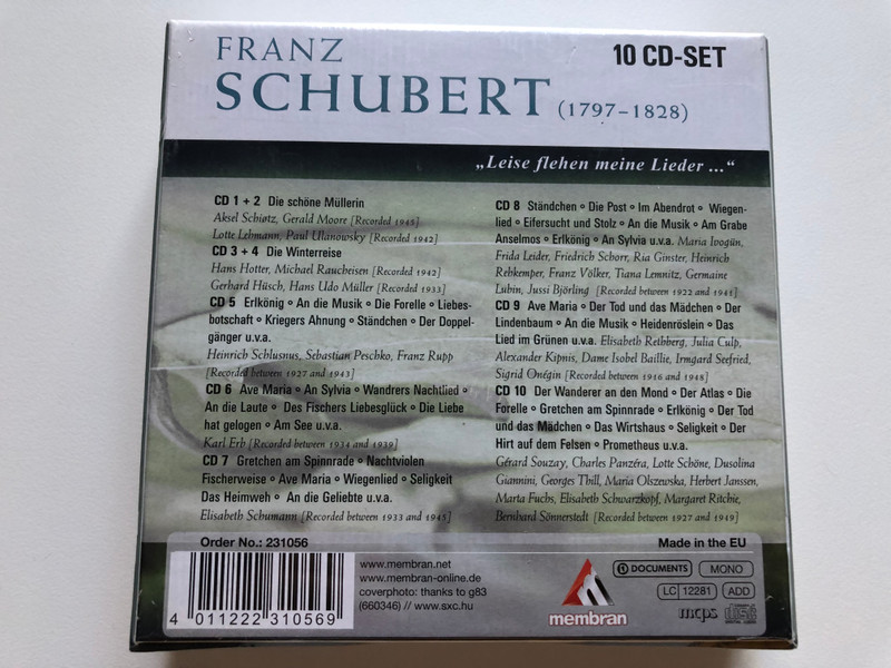Franz Schubert (1797-1828) - '' Liese Flehen Meine Lieder...'' - Die schone Mullerin; Die Winterreise; Erlkonig; An die Musik; Ave Maria; Die Forelle; Der Tod und das Madchen; Gretchen am Spinnrade / The Intense Media 10x Audio CD Mono / 231056