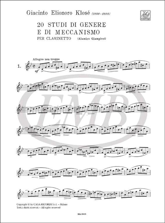 Klosé, Hyacinthe-Eléonore, Klosé, Hyacinthe Éleonore: 20 STUDI DI GENERE E DI MECCANISMO / Ricordi 