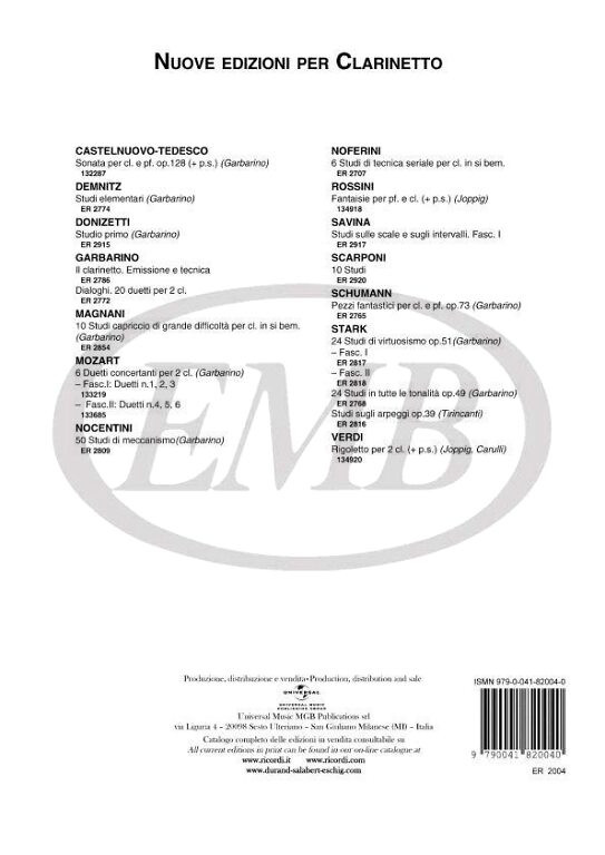 Klosé, Hyacinthe-Eléonore, Klosé, Hyacinthe Éleonore: 20 STUDI DI GENERE E DI MECCANISMO / Ricordi 