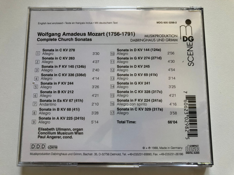 Wolfgang Amadeus Mozart - Complete Church Sonatas / Organ: Elisabeth Ullmann, Concilium Musicum Wien, Paul Angerer / MDG Scene / MDG Audio CD 1988 / MDG 605 0298-2