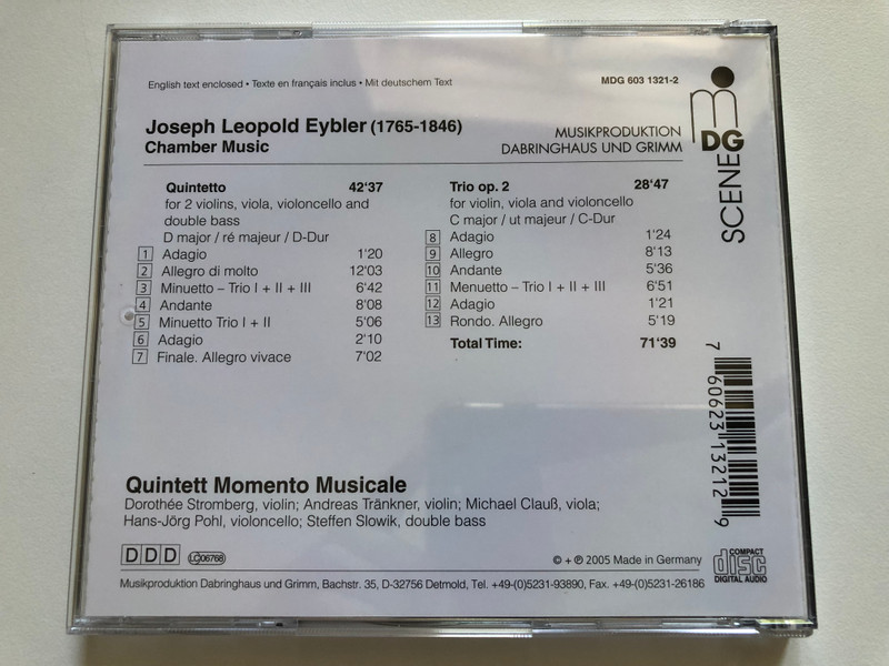 Joseph Leopold - Eybler - String Quintet, String Trio op. 2 / Quintett Momento Musicale / MDG Scene / MDG Audio CD 2005 / MDG 603 1321-2
