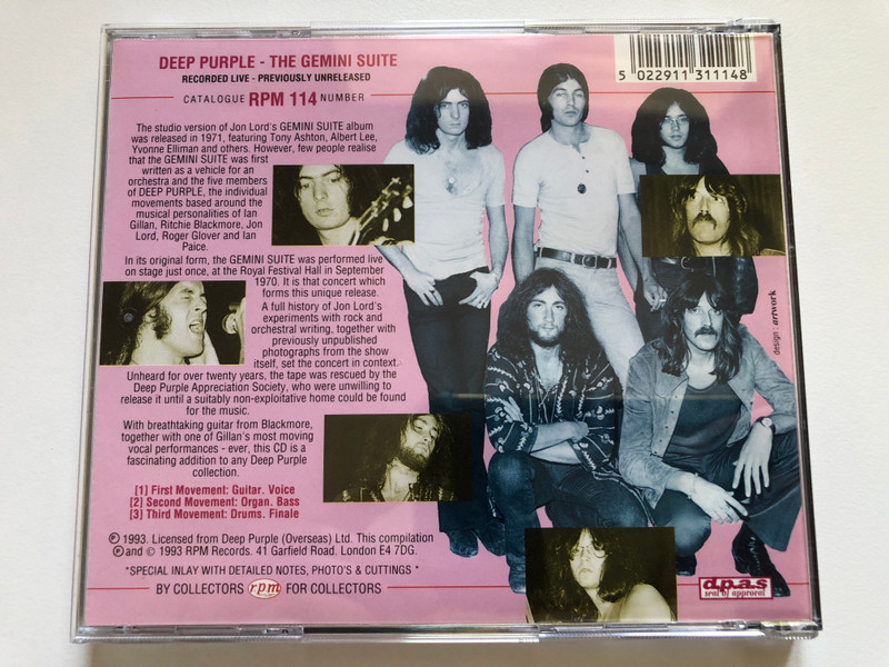 Deep Purple And The Orchestra Of The Light Music Society - Conducted By Malcolm Arnold – Gemini Suite Live at the Royal Festival Hall / RPM Records Audio CD 1993 / RPM 114