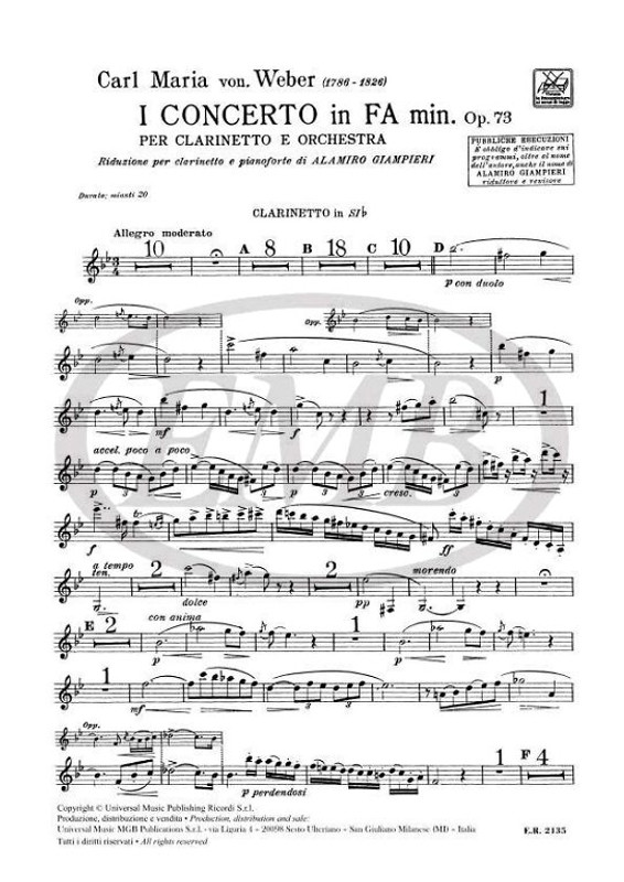 Weber, Carl Maria von: CONC. PER CL.: N.1 IN FA MIN. OP.73 / Ricordi