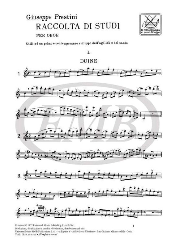 Prestini, Giuseppe, Valentini, Giuseppe: RACCOLTA DI STUDI PER OBOE. UTILI AD UN PRIMO E CONTEMPORA / NEO SVILUPPO DELL'AGILITA E DEL CANTO / Ricordi 
