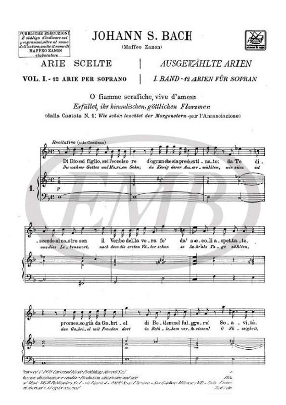Bach, Johann Sebastian: ARIE SCELTE DALLE CANTATE. VOL.1: 12 ARIE PER SOPRANO /  Ricordi