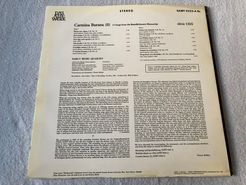 Studio Der Frühen Musik – Carmina Burana (II) (13 Lieder Nach Der Handschrift Aus Benediktbeuern um 1300) / Telefunken / 1968 LP VINYL SAWT 9522 A