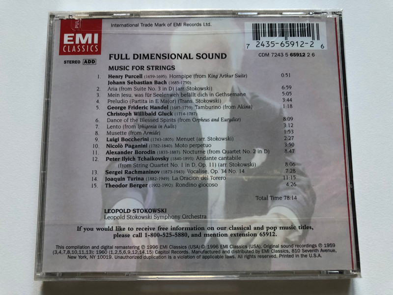Stokowski - Music For Strings / Full Dimensional Sound / EMI Classics Audio CD 1996 Stereo / 7243 5 65912 2 6