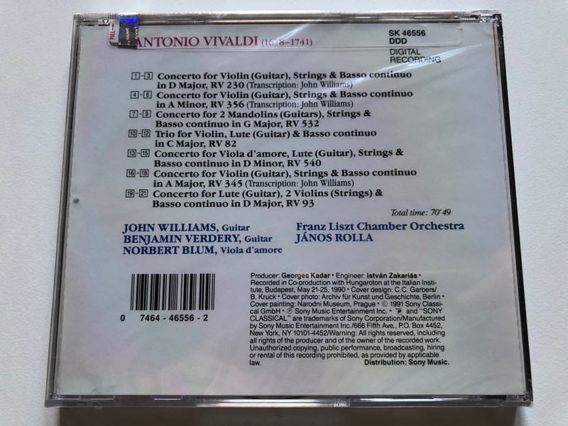 John Williams Plays Vivaldi Concertos / Benjamin Verdery, Norbert Blum, Franz Liszt Chamber Orchestra, János Rolla (leader) / Sony Classical Audio CD 1991 / SK 46566