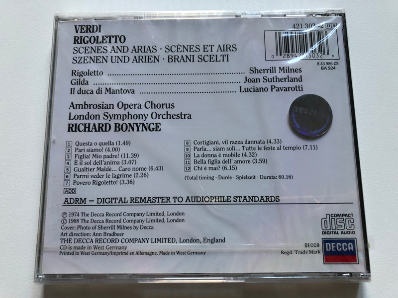 Verdi - Rigoletto - Scenes and Arias / Milnes, Sutherland, Pavarotti, Bonynge / Decca Audio CD 1988 / 421 303-2