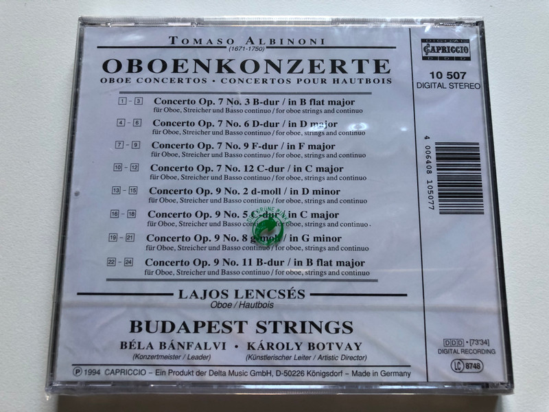 Albinoni - Oboenkonzerte = Oboe Concertos = Concertos Pour Hautbois Op.7 & 9) / Lajos Lencsés, Budapest Strings / Capriccio Digital Audio CD 1994 Stereo / 10 507 