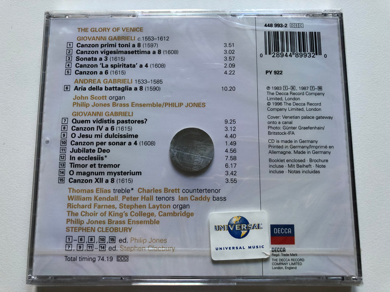 The Glory Of Venice - Giovanni & Andrea Gabrieli / King's College Choir,Cambridge; Philip Jones Brass Ensemble, Stephen Cleobury / Decca Eclipse / Decca Audio CD 1996 / 448 993-2