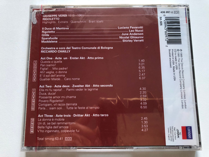 Verdi: Rigoletto - Highlights, Extraits, Querschnitt, Brani Scelti - Pavarotti, Nucci, Anderson, Ghiaurov, Verrett, Chailly, Orchestra E Coro del Teatro Comunale di Bologna / London Records Audio CD 1993 / 436 097-2