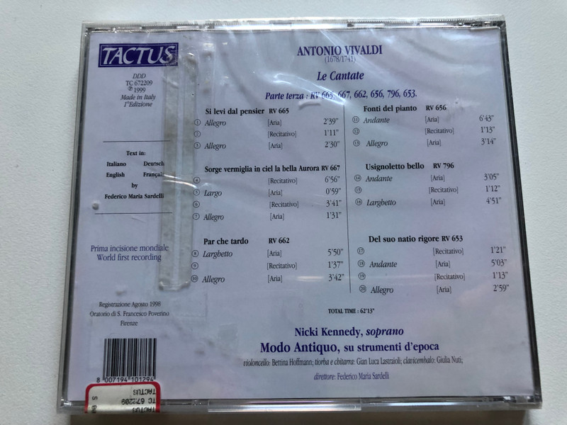 Antonio Vivaldi - Le Cantate, Parte Terza: RV 665, 662, 667, 656, 796, 653. / Nicki Kennedy (soprano), Modo Antiquo, dir: Federico Maria Sardelli / Tactus Audio CD 1999 / TC 672209
