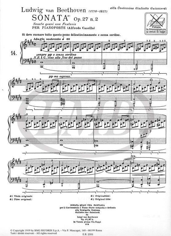 Beethoven, Ludwig van: 32 SON. PER PF.: N.14 IN DO DIESIS MIN. OP.27 N.2 'AL CHIA / RO DI LUNA' / Ricordi / 1979 