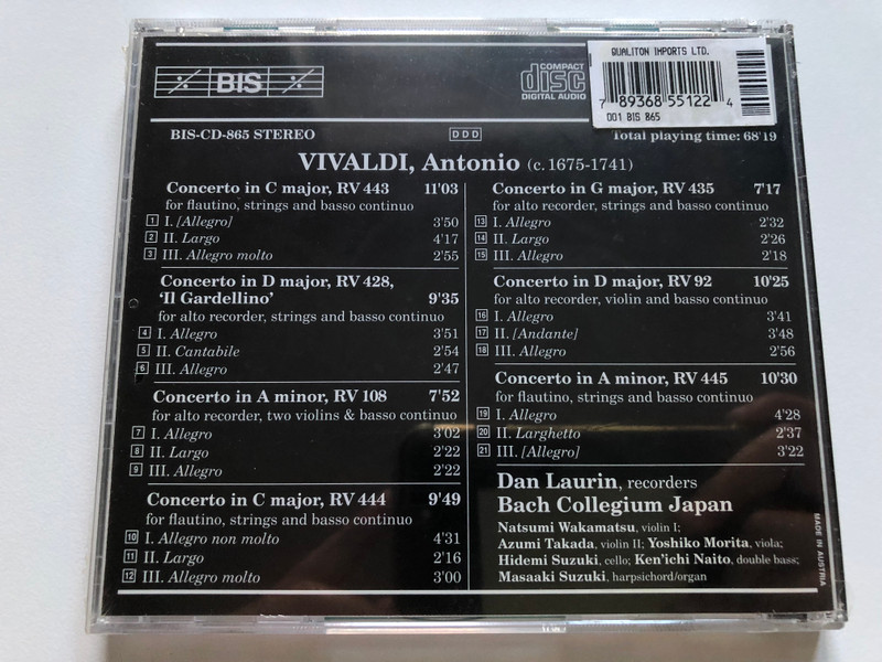Don Antonio Vivaldi - Concerti Per Flautino E Flauto Dolce / Dan Laurin recorder Bach Collegium Japan / BIS Audio CD / BIS-CD-865