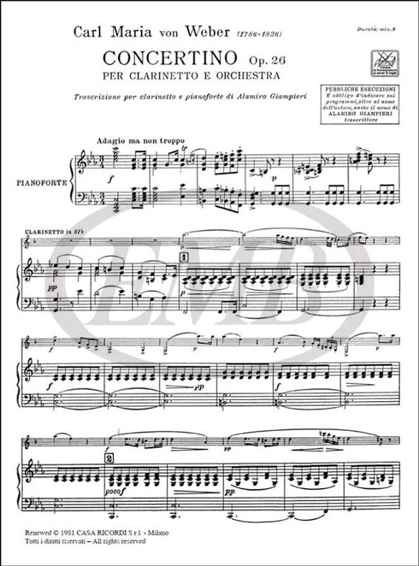 Weber, Carl Maria von: CONCERTINO PER CLARINETTO E ORCHESTRA, OP. 26 / TRASCRIZIONE PER CLARINETTO E PIANOFORTE / Ricordi 