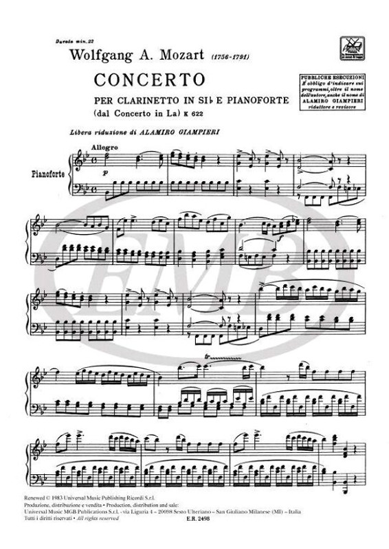 Mozart, Wolfgang Amadeus: CONCERTO PER CLARINETTO IN SIB E PIANOFORTE / DAL CONCERTO IN LA - K. 622 / Ricordi /  Mozart, Wolfgang Amadeus: CONCERTO PER CLARINETTO IN SIB E PIANOFORTE / DAL CONCERTO IN LA - K. 622 / Ricordi /