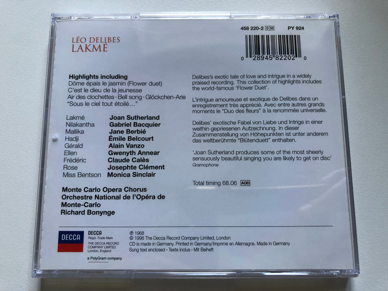 Sutherland, Vanzo, Bacquier - Delibes: Lakmé - Highlights (Flower Duet; Bell Song) / Opera Gala / Decca Audio CD 1998 / 458 220-2
