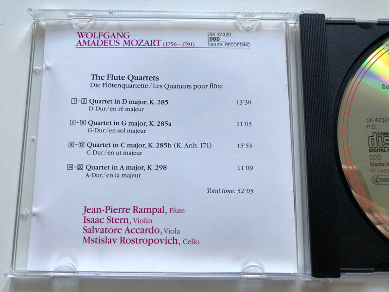 Mozart: The Flute Quartets - K. 285, 285 a, 285 b, 298 / Rampal, Stern, Accardo, Rostropovich / Artist Laureate / Sony Classical Audio CD 1992 / SK 42 320
