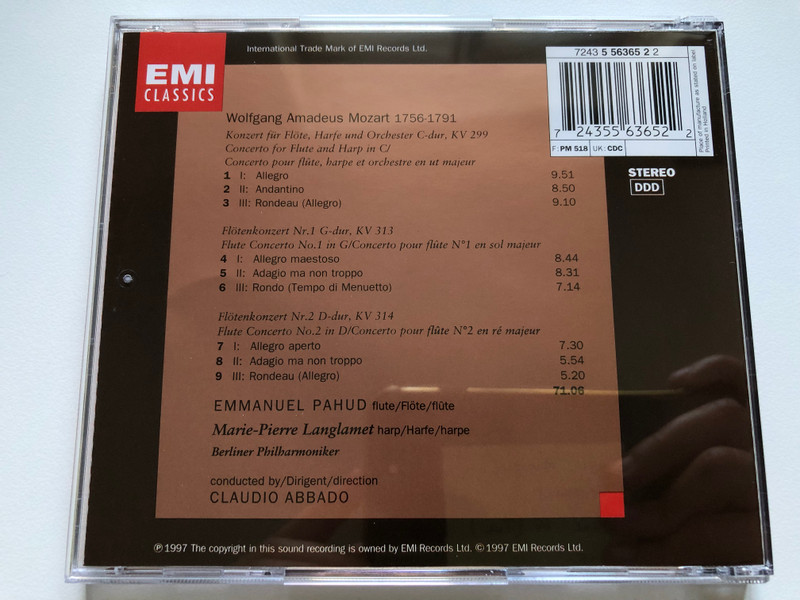 Mozart - Flötenkonzerte 1 & 2; Konzert Für Flöte Und Harfe - Emmanuel Pahud, Marie-Pierre Langlamet, Berliner Philharmoniker, Claudio Abbado / EMI Classics Audio CD 1997 Stereo / 724355636522