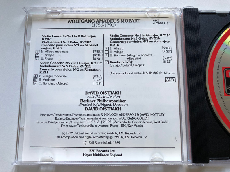 Mozart – Violin Concertos 1, 2 & 3 = Violinkonzerte = Concertos pour violin; Rondo, K.373 / Berliner Philharmoniker, David Oistrakh / EMI Audio CD 1989 Stereo / CDZ 4 79531 2