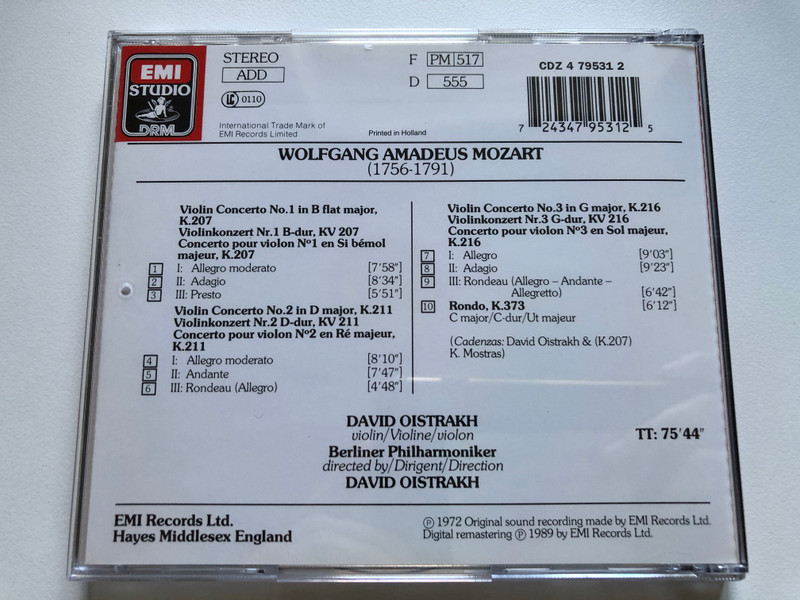 Mozart – Violin Concertos 1, 2 & 3 = Violinkonzerte = Concertos pour violin; Rondo, K.373 / Berliner Philharmoniker, David Oistrakh / EMI Audio CD 1989 Stereo / CDZ 4 79531 2