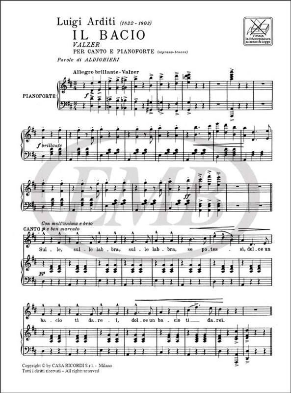 Arditi, Luigi: BACIO / VALZER, PER CANTO E PIANOFORTE / Ricordi / 1984