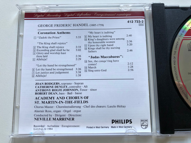 Händel - Coronation Anthems, Judas Maccabaeus, Excerpts, Ausschnite / Academy & Chorus Of St. Martin-in-the-Fields, Neville Marriner / Philips Audio CD 1985 / 412 733-2