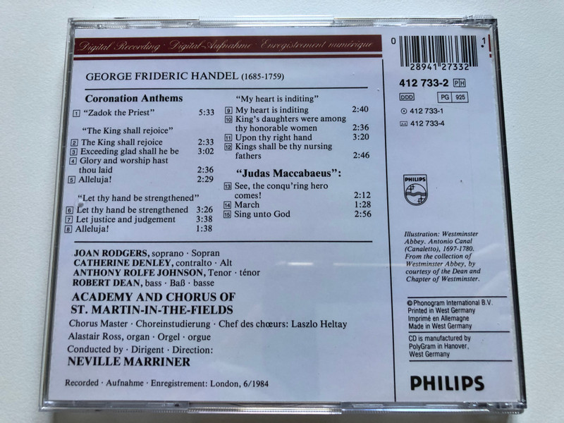 Händel - Coronation Anthems, Judas Maccabaeus, Excerpts, Ausschnite / Academy & Chorus Of St. Martin-in-the-Fields, Neville Marriner / Philips Audio CD 1985 / 412 733-2