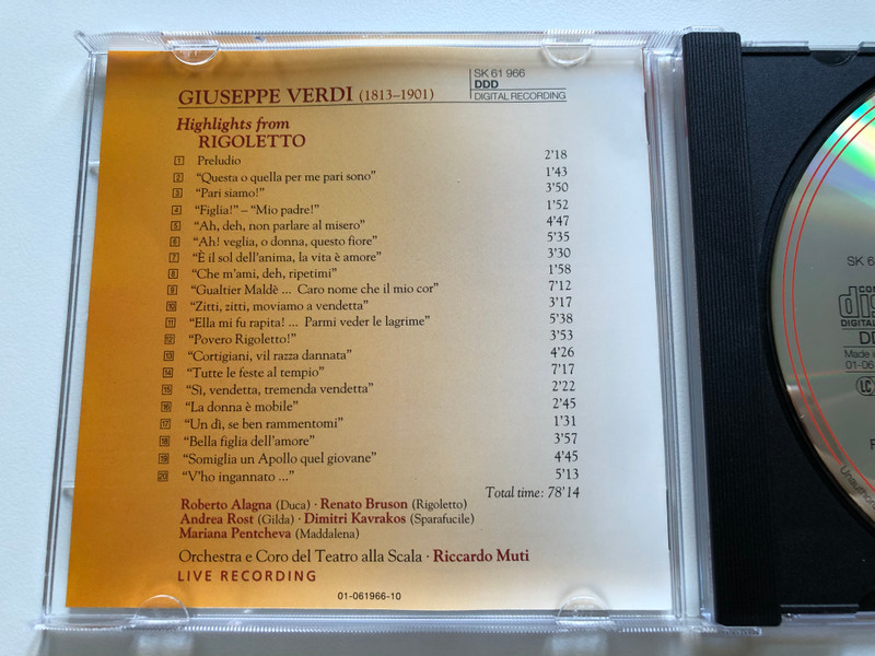 Giuseppe Verdi - Rigoletto (Highlights) / Renato Bruson, Andrea Rost, Roberto Alagna, Orchestra E Coro Del Teatro Alla Scala, Riccardo Muti / Sony Classical Audio CD 1995 / SK 61 966